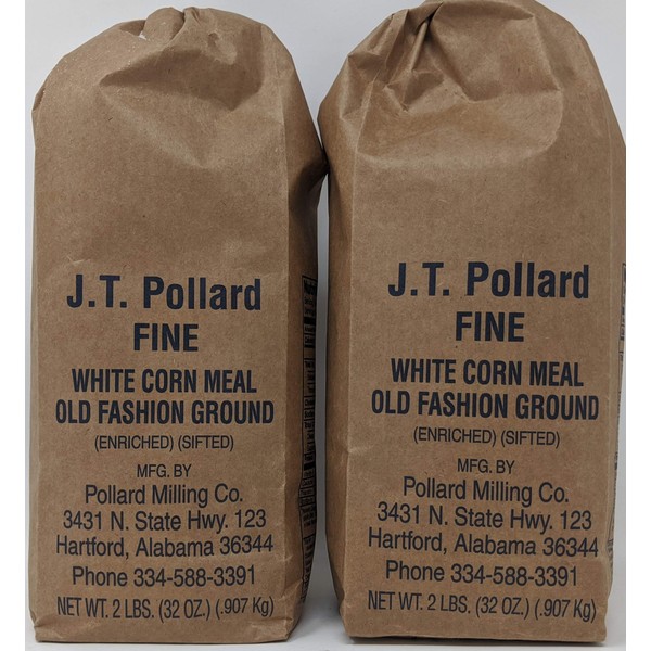 JT Pollard Fine White Cornmeal Bundle - 2 x 32 Oz Bags of J.T. Pollard White Corn Meal, Bundled with Recipe Sheet