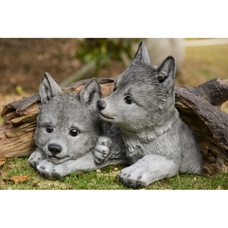 Hi-Line Gift Grey Wolf Cubs Hiding Under Log Statue