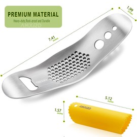 AMXRD Garlic Press Rocker & Silicone Peeler, Stainless Steel Garlic Mincer, Herb Stripper & Leaf Zipper, Dishwasher Safe