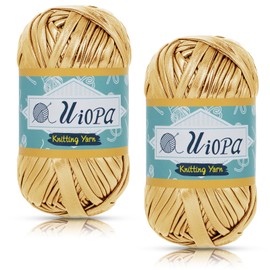 Uiopa Metallic T-Shirt Yarn, 2 x 100g(2 x 45m) Knitting Fabric Cloth Tshirt Yarn, Polyester Chunky Crochet Ribbon for Crocheting Bags, Baskets, Home Decor, DIY Crafts (Golden)