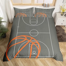 Basketball Court Print Duvet Cover Twin Size,Basketball Sports Themed Geometric Grey Comforter Cover Set for Kids Boys Girls,Orange Ball Hand Painting Bedding Quilt Cover Set Bedroom Decor, 2 Pieces