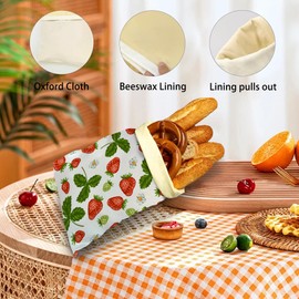 SINENRY 2 Pack Beeswax Bread Bags for Homemade Bread, Red Strawberries Leaves Flower Line Bag, Keeps Sourdough and Homemade Fresh, Gifts for Bakers