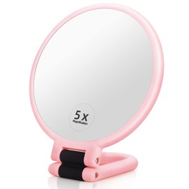 Novadex 1x 5X Magnifying Mirror, Handheld Hand Mirror with Handle, Travel Hand Held Vanity Mirror, Compact Double Sided Portable Magnification Small Make Up Mirrors for Precision Makeup (Pink)