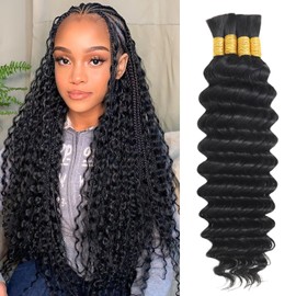 DFHIHCP Human Braiding Hair for Boho Braids 20 Inch 100g Deep Wave Bulk Bohemian Hair for Braiding Knotless 12A Curly Boho Hair Extensions 4 Bundles/Pack Wet and Wavy Natural Color
