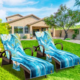 NISDOING Lounge Chair Towel Cover, (Pack of 2), Beach Chair Cover with Pockets, Pool Chair Covers for Outdoor Beach Furniture Sun Lounger, No Sliding, 85 X 30 in, Abstract Marble Blue