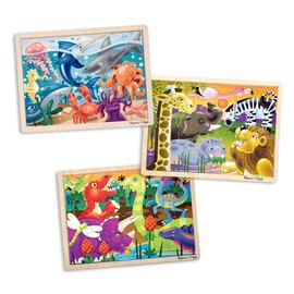Melissa & Doug 3-Puzzle Jigsaw Set - Dinosaurs, Ocean, and Safari - Toddler Jigsaw Puzzles, Sea Creatures Wooden Puzzles, Dinosaur Puzzles, Animal Puzzles For Kids Ages 3+