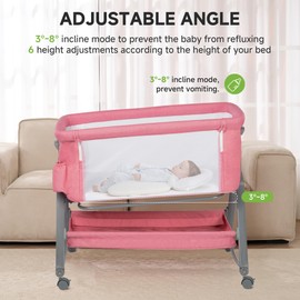 Real Relax Baby Bassinet Bedside Sleeper, 3 in 1 Bedside Crib with 6 Adjustable Height and Mosquito Nets, Portable Bedside Bassinet for Baby with Wheels, Easy to Fold, Included Mattress, Pink