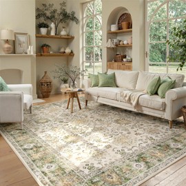 Lahome Floral Area Rug 6x9, Washable Non Slip Rug for Living Room Ultra-Thin Dining Room Rugs for Under Table, Boho Print Indoor Green Carpet for Bedroom Nursery Office (Green, 6' x 9')