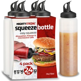 MIGHTY STRONG 4 Pack Condiment Squeeze Bottles 24 Oz –Easy Pour Sauce Bottle With Leak Proof Snap Cap, Plastic Squeeze Bottles For Sauces, Condiment Containers, clear