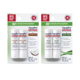 Aquaphor Naturally Inspired Lip Repair Stick - Paquete de cuatro (4) con manteca de karité, juego de bálsamo labial, aceite de coco, dos (2) 0.17 onzas + dos (2) aloe vera, 0.17 onzas