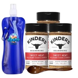 Kinder’s Premium Blend Seasoning – Three (3) 8.9 oz Bottles – All-Purpose Rub for Grilling, Cooking & Roasting – No MSG, Gluten-Free, Non-GMO – Includes Collapsible Bottle & Wooden Spoon (Total 26.7 oz) (Sweet Heat with Brown Sugar & Chipotle)