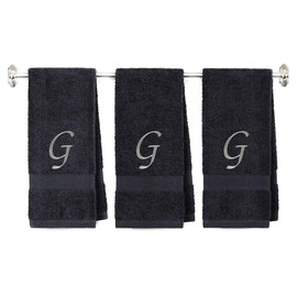 BY LORA Embroidered Terry Cotton Hand Towel for Bathroom and Kitchen - Terry Cotton Hand Towel - 16 x 27 inches - 3-Pack - Charcoal Color Towel - Light Silver Chancery Style Initial G
