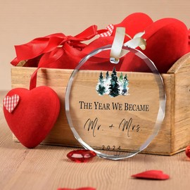 Eqkasio Bridal Shower Gifts Wedding Gifts for Couples 2024 The Year We Became Mr and Mrs Glass Christmas Ornament Gifts with Gift Box