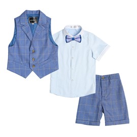 LOLANTA Big Boys 4PCs Waistcoat Suit, Wedding Ring Bearer Outfits, Vest, Shirt, Shorts, Bow Tie Easter Suit(12-13 Years, Blue)