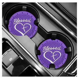 NYTKL 2PCS Car Cup Holder Coaster, 2.76 Inch PVC Anti Slip Car Cup Insert Coaster with Blessed Cross and Heart, Shockproof Dustproof Drink Mat Universal for Most Vehicles Interior (Dark Purple)