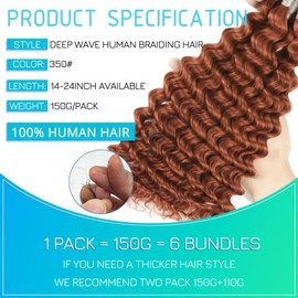 Human Braiding Hair 20 Inch 6 Bundles Human Hair Braiding Hair No Weft Deep Wave Bulk Human Hair for Braiding Hair Extensions for Boho Braids Wet and Wavy 150g P4/27#