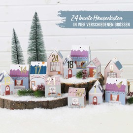Papierdrachen DIY Advent Calendar for Crafts and Filling - Houses Set - Christmas Village Colourful - 24 Colourful Folding Boxes for Standing and Decorating - 24 Boxes - Christmas Village - Reusable