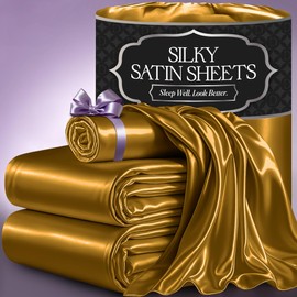 DECOLURE Satin Bed Sheets - 3 Piece Luxury Silky Twin Size Bedding Set - Softer Than Silk, Wrinkle-Free with 15” Deep Pocket Fitted Sheet, Perfect for Hair & Skin, Gifts for Women (Gold)