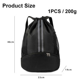 Ruayia Gym Bag, Sports Bag, Football Bag, Sports Backpack with Wide Drawstring, Mesh Bag, Ball Compartment, Outer Pocket, Adjustable Drawstring Gym Bag for Men and Women, black