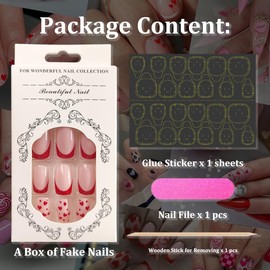 Valentines Red French Tips Press on Nails 24pcs Valentines Nails Red Heart Fake Nails with Glue Valentines Day Nails French Tips Heart False Nails Stick on Nails for Women and Girls Diy Manicure