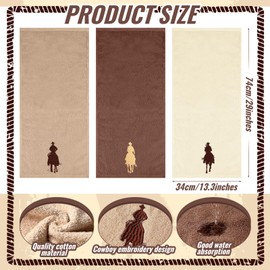 SmoothNovelty 3 Pcs Western Cowboy Hand Towels for Bathroom Cotton Embroidered Rodeo Kitchen Towels 13.3" x 29.5" Rustic Gifts for Bath Shower Farmhouse Decors Housewarming Gift (Brown)