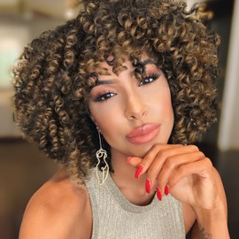 Afro Curly Wig with Bangs Short Kinky Curly Wig For Black Women Synthetic Natural Looking Premium Afro Kinky Curly Wigs 180% Density (#1B/27)