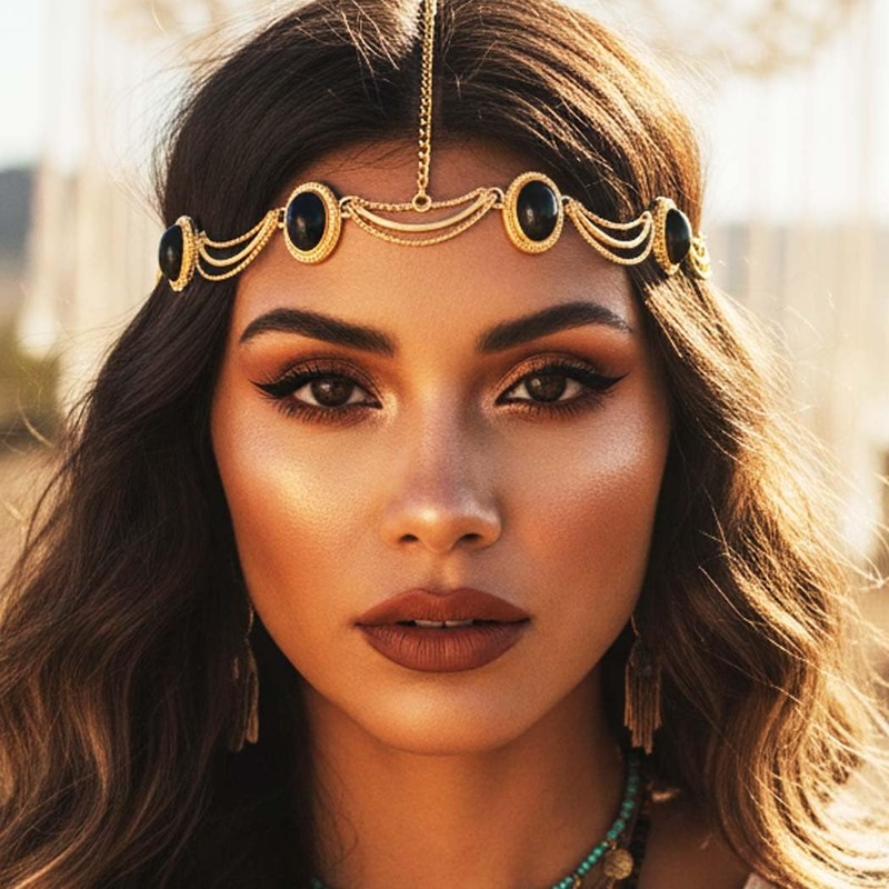 GORAIS Black Rhinestone Head Chain Jewelry Gold Egyptian Headband Forehead
