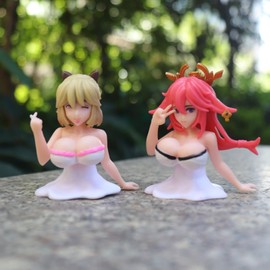 2/3/6-Pack (One of Each) Kanako Series New Chest Shaking Ornaments, Cute Girl Chest Shaking Ornaments,Car Dashboard Decorations,Adult Q-Version Playing Toy Gifts (Yae Miko、SEBA)