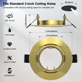 6 Pack Spotlight Fixtures Gu10 Recessed Frame Spotlight, Compatible with MR16 GU5.3 Bulbs, Adjustable Light Fitting for Cabinet Kitchen, Gold