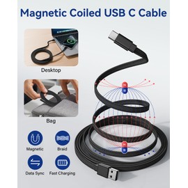 Magtame Magnetisches USB A zu USB C Kabel 3.3ft / 1m, Coiled 3A Schnellladen Flaches USB-C Kabel, organisierte Anti-Verwirrung geflochtene Datensynchronisierung Typ-C Ladekabel