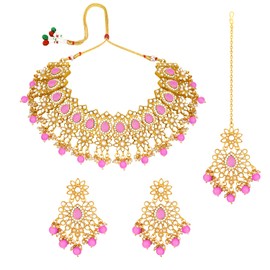 Aheli Gold Plated Kundan Dangling Pearls Necklace Earring Maangtikka Jewellery Set Gift for Women Pink