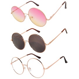 OWL Oversized Round Hippie Sunglasses, UV 400 Protection, Metal Frame, Costume Accessory Mirror Tinted Clear Lens 3 Pack