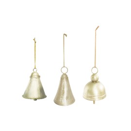 Creative Co-Op Hanging Metal Bells on a Gold String, Distressed Pewter Finish, Set of 3