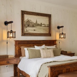 Dijiahua Plug in Wood Wall Sconces Set of 2,Rustic Farmhouse Wall Lamp with 9.19FT On/Off Switch Cord, Adjustable Hanging Wall Mount Lighting with Oak Wooden and Hexagonal Cage for Bedroom Living Room