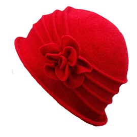 Butterme Womens Fashion Flower Winter Wool Cap Cloche Bucket Hat Beret Beanie Hat (Red)