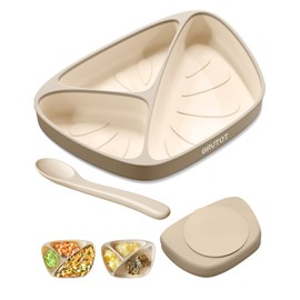 Qyeejong Strong Suction Plates for Baby & Toddler Non-Slip, BPA Free Silicone Divided Baby Plate with Suction and Spoon Set, Toddlers Dinner Dishes Microwave & Dishwasher Safe