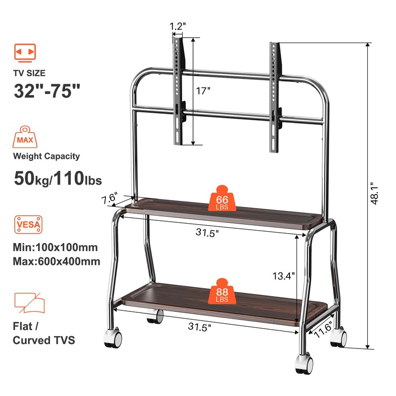 Easel Rolling TV Stand for 32-75" TVs, Stainless Steel TV