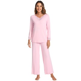 GYS Women's Pajamas Set - Viscose Made from Bamboo, Long Sleeve Long Pants Sleepwear Soft Pjs Lounge Sets with Pockets, Pink, Medium