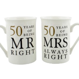 Widdle Gifts Ltd 50th Anniversary Set of 2 China Mugs 'Mr Right & Mrs Always Right' Golden Anniversary