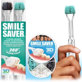SMILE SAVER 360° Deep Clean 3-Sided Toothbrush 2PK + 7-Pack Replacement Heads 3D Triple Clean + Soft Gum Massage | Built-In Tongue Scraper | Child Kids Adults Braces Special Needs Travel | Made in USA