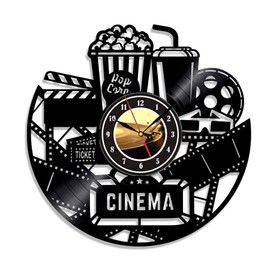 Home Theater Cinema and Popcorn Vinyl Record Wall Clock Movie Film Time Clock Watch Room Wall Home Theater Wall Decor Wall Art Gift for Movie Lover (NO LED)