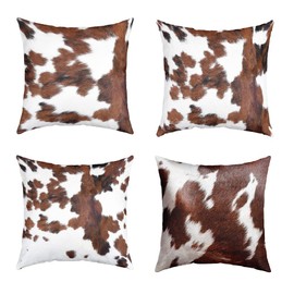 Set of 4 Cowhide Cushion Covers, 45 x 45 cm, Western Home Decor, Cowhide Brown, White, Black, Decorative Cushion Covers, Farmhouse Animal Cowboy Cushion Covers for Sofa, Sofa, Outdoor, Car