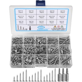 405 Pieces Self-Tapping Screw Assortment Set, M3/M3.5/M4, 12/16/20/25/30/35 mm, Wood Screws Stainless Steel Self Drilling Screws with 3 Pieces Bits, Stainless Steel Countersunk Head Torx Self Drilling