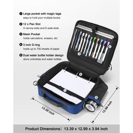 HINOOR 3 Inch 3-Ring Zipper Binder with Water Bottle Holder, D-Ring Zip Up Binder with Shoulder Strap, 700 Sheet Capacity, Compatible with 13" MacBook/Tablet, for School, Office (Dark Blue)