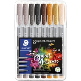 STAEDTLER 371 Pigment Brush Pens, Pigment Arts Adult Fibre-Tip Colouring Pen, Ideal for Calligraphy, Brush Lettering, Drawing, Illustrations (Wallet of 8, Sepia Set)