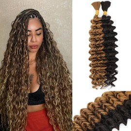 Human Braiding Hair Mix Synthetic Boho Hair for Braiding, 16 Inch Wet and Wavy 2 Pcs Deep Wave Bulk or Curly Bohemian Extensions(P4/27, 16Inch)