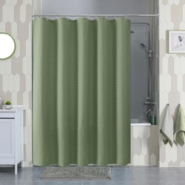 Waffle Shower Curtain with Metal Shower Curtain Rings Fabric Textile Bath Curtain Anti Mould Bathroom Curtain Set Waterproof Bath Curtain Heavy Shower Curtain Bathroom - 152 x 182 cm (Green)