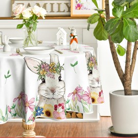Horaldaily Easter Tablecloth 60×60 Inch Round, Spring Flower Bunny Washable Table Cover for Party Picnic Dinner Decor