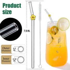 Reusable Glass Straws Shatter Resistant, 7.9'' x 8mm Cute Clear Drinking Straws for Smoothies, Coffee, Juice, Milk, Cocktails, Set of 6 Bent and 2 Cleaning Brushes (colorful flower)