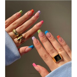 Sethexy Colorful French Short Coffin False Nails Rainbow Press on Nails Glossy Fake Nails 24Pcs Acrylic Stick on Nails for Women and Girls